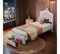 Letto per bambini 90 x 200 cm, letto da ragazza principessa con illuminazione a LED, testiera regolabile a forma di corona, telaio di letti imbottiti con rete a doghe, per bambini e adulti (bianco PU