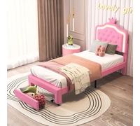 Letto per bambini 90 x 200 cm, letto da ragazza principessa con illuminazione a LED, testiera regolabile a forma di corona, telaio di letti imbottiti con rete a doghe, per bambini e adulti (rosa-PU