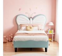 Letto per bambini 90 x 200 cm, letto singolo con testiera regolabile a forma di farfalla e striscia luminosa a LED, letti per bambini con rete a doghe per ragazza, velluto, bianco + blu