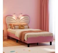 Letto per bambini 90 x 200 cm, letto singolo con testiera regolabile a forma di farfalla e striscia luminosa a LED, letti per bambini con rete a doghe per ragazza, velluto, rosa+bianco