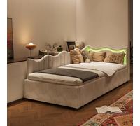 Letto per bambini 90 x 200 cm, letto singolo imbottito 90 x 200 cm, con illuminazione a LED, divano letto idraulico con rete a doghe, design a linee ondulate, letti per adolescenti e ragazze in