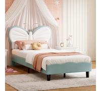 Letto per bambini, 90 x 200 cm, letto singolo per ragazza, con testiera a farfalla, rete a doghe per adolescenti, letto supplementare, velluto, senza materasso (blu + bianco)