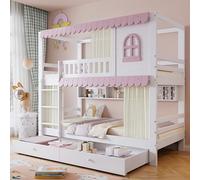 Letto per bambini 90 x 200 con finestre e tende, letto a castello 2 posti con 2 cassetti a rotelle e barriera di sicurezza, con ripiano aperto e ripostiglio, in pino + MDF bianco e rosa (senza