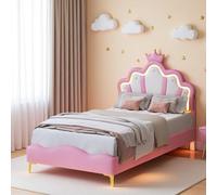 Letto per bambini 90 x 200, letto principessa ragazza con rete a doghe e illuminazione a LED, letti singoli imbottiti a forma di corona con testiera regolabile, letti singoli per adolescenti (rosa, 90