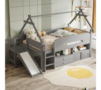 Letto per bambini 90 x 200, telaio a forma di tetto, con scivolo di sicurezza, con cassetti e ringhiera di sicurezza, con area giochi e spazio di archiviazione, letto singolo in legno massiccio, letto