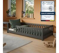 Letto per bambini 90x190 cm con protezione anticaduta, materasso e rete a doghe, letto Montessori, lettino, letto per bambini e ragazzi, letto singolo | Grafite | da 4 a 18 anni