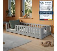 Letto per bambini 90x200 cm con protezione anticaduta e rete a doghe, letto Montessori, lettino, letto per bambini e ragazzi, letto singolo | Grigio cenere | da 4 a 18 anni