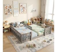 Letto per Bambini 90x200 cm, Letto Basso a Terra 180x200 cm per 2 Bambini, Letto per Fratelli, Letto Montessori con Protezione Anticaduta, Legno Massello (Grigio-senza rete a doghe, 180x200cm)