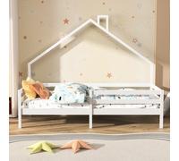 Letto per bambini 90x200cm, letto singolo in legno massello, letto per casa con camino, con sponde di sicurezza e struttura a doghe, bianco