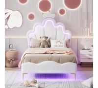 Letto per bambini imbottito 90 x 200 cm con LED, letto imbottito 90 x 200 letto principessa a forma di corona, letto per adolescenti con testa di bed regolabile letti singoli con rete a doghe (bianca