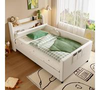 Letto per bambini, imbottito, divano letto con struttura in metallo, comodino per bambini con porta pieghevole inferiore, struttura moderna con vano portaoggetti, 3 piccole tasche, PU+MDF+compensato