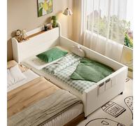Letto per bambini, imbottito, divano letto con struttura in metallo, comodino per bambini con porta pieghevole inferiore, struttura moderna con vano portaoggetti, 3 piccole tasche, PU+MDF+compensato