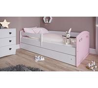 Letto per bambini singolo 140x80 160x80 180x80 con sponda anticaduta con barriera cassettone estraibile e telaio a doghe per bambini e bambine - Julia - Rosa cipria - 80 x 180 cm