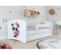 Letto per bambini singolo - con sponda anticaduta - con barriera - cassettone estraibile e telaio a doghe per bambini e bambine - panda - 70 x 140 cm