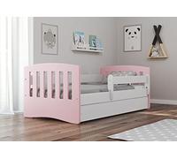Letto per bambini singolo - con sponda anticaduta - con barriera - con Materasso cassettone estraibile e telaio a doghe per bambini e bambine - Classico - rosa cipria - 80 x 160 cm