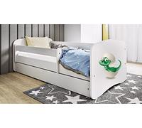Letto per bambini singolo - con sponda anticaduta - con barriera - con Materasso cassettone estraibile e telaio a doghe per bambini e bambine - piccolo dino - 80 x 180 cm con materasso