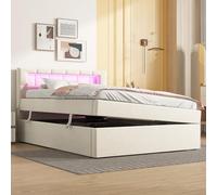 Letto piano, 90 x 200 cm, letto imbottito, luce ambientale sulla testiera del letto, apertura su un lato, design minimalista, grande spazio, testiera regolabile, velluto (beige)