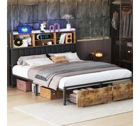 Letto retrò con struttura letto matrimoniale in legno Aura e metallo con testiera LED PU e letto moderno a 2 cassetti con spazio contenitore