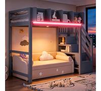 Letto rialzato 90x200 cm con scala e spazio di archiviazione sotto il letto, letto singolo poco ingombrante per bambini e adulti, letto singolo per bambini con illuminazione LED, ringhiera e vassoio