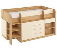 Letto rialzato “Smile L” per bambini, set di mobilio per la cameretta dei bambini, composto da un letto con scrivania, mensole e cassetti: lato sinistro (rovere artigianale/ crema)