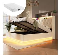Letto singolo, 360 surround, funzione LED, pulsante, app/telecomando, bianco, materiale PU idraulico, testiera imbottita con funzione di ricarica USB di tipo C, con materasso (140 x 200 cm)