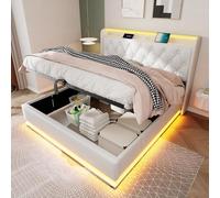 Letto singolo, 360 surround, funzione LED, pulsante, app/telecomando, bianco, materiale PU idraulico, testiera imbottita con funzione di ricarica USB di tipo C, senza materasso (140 x 200 cm)