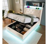 Letto singolo, 360 surround, funzione LED, pulsante, app/telecomando, bianco, materiale PU idraulico, testiera imbottita con funzione di ricarica USB di tipo C, senza materasso (90 x 200 cm)