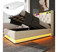 Letto singolo, 360 surround, funzione LED, pulsante, app/telecomando, bianco, materiale PU idraulico, testiera imbottita con funzione di ricarica USB di tipo C, con materasso (90 x 200 cm)