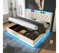 Letto singolo, 360 surround, funzione LED, pulsante, app/telecomando, bianco, materiale PU idraulico, testiera imbottita con funzione di ricarica USB di tipo C, senza materasso (180 x 200 cm)