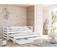 Letto singolo 80x180 cm con letto estraibile 80x170 cm con due cassetti, protezione anticaduta e reti a doghe, legno massiccio bianco, letto per bambini funzionale 80x180 cm 90x200 cm | da 3 a 12 anni