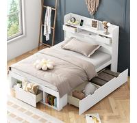 Letto singolo, 90 x 200 cm, con porta USB e cassetti e armadietto, letto per bambini, letto multifunzione, grande spazio di archiviazione, con adattatore standard europeo, senza materasso, bianco