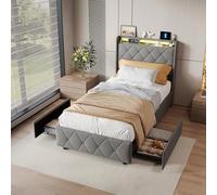 Letto singolo 90 x 200 cm, moderno letto imbottito con illuminazione a LED e funzione di ricarica USB, letto con 2 cassetti e rete a doghe, schienale per ragazzi, senza materasso (grigio + flanella)