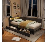 Letto singolo 90 x 200 con 2 cassetti e spazio di archiviazione, letto imbottito a L con lampada LED e USB, pareti laterali intercambiabili, divano letto moderno, senza materasso (grigio C, 90 x 200)