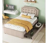 Letto singolo 90x200 cm comodino con rivetti decorativi cassetti doppi adatto per bambini MDF beige + Marrone (senza materasso)