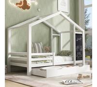 Letto singolo bambino, letto capanna 90x200 cm, barriera antigoccia, con tavola nera e 2 cassetti, letto per bevande, bianco, senza materasso
