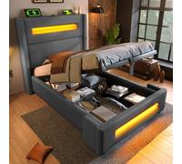 Letto Singolo con Contenitore 90x200 cm con Illuminazione a LED, Struttura Letto Imbottito Con Vano Portaoggetti e Testiera, Letto una Piazza e Mezza con Spazio idraulico e Rete a Doghe(Grigio)