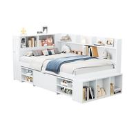 Letto singolo con funzione scaffale, modulo di immagazzinaggio integrato, cassetto estraibile, struttura in legno resistente, struttura reversibile, rete a doghe, uso funzionale dello spazio (bianco