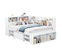 Letto singolo con funzione scaffale, modulo di immagazzinaggio integrato, cassetto estraibile, struttura in legno resistente, struttura reversibile, rete a doghe, uso funzionale dello spazio (bianco