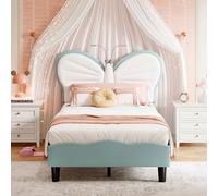Letto singolo imbottito 90 x 200, letto per bambini con testiera regolabile in altezza a forma di farfalla, letti per 1 persona con luci a LED, telaio letto piattaforma con rete a doghe