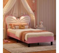 Letto singolo imbottito 90 x 200, letto per bambini e bambine con testiera regolabile in altezza a forma di farfalla, letto singolo con luci a LED, telaio letto piattaforma con rete a doghe