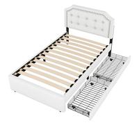 Letto singolo imbottito con testiera regolabile, rivetti decorativi, bottoni in tessuto, robusta rete a doghe in legno massiccio, due grandi cassetti, portata 200 kg (90 x 200 cm, beige chiaro)