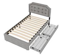 Letto singolo imbottito con testiera regolabile, rivetti decorativi, bottoni in tessuto, robusta rete a doghe in legno massiccio, due grandi cassetti portaoggetti, portata 200 kg (grigio, 90 x 200 cm)
