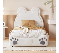 Letto Singolo Multifunzionale per cameretta Bambini, Letto Imbottito con testiera Disegno Animalier e Rete a doghe, Adatto per camerette Bambini e Ragazzi(Size:90 * 200,Color:White)