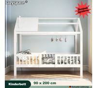 Letto singolo per bambini Lazyspace, letto cottage 90 x 200 cm, lettino, con rete a doghe e barriera, letto per bambini con struttura in legno bianco