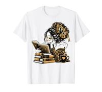 Lettore Amante dei Libri con scaffali della Biblioteca nei Capelli Maglietta
