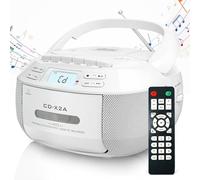 Lettore CD Boombox Lettore di Cassette Combinato con Bluetooth, Lettore CD Portatile, Telecomando, Display a LED, Audio Stereo con Telecomando, unità AUX/USB, Alimentazione CA/CC White