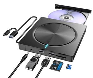 Lettore CD DVD Esterno per PC Portatile, Masterizzatore DVD CD Esterno USB 3.0 e Type-C, Unità DVD Esterna CD/DVD -/+RW con 2 porte USB e Lettore di Schede TF/SD per Windows/MacOS/Linux/Laptop/Desktop