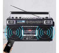 Lettore di cassette portatile, Boombox retrò Bluetooth, radio FM, jack per cuffie, due tipi di alimentazione, stile retrò classico anni '80, nero