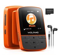 WOLFANG Lettori MP3 da 64 GB con Bluetooth 5.3, clip sportiva, formato mini, peso 28,3 g, radio FM HiF, registratore vocale, auricolari inclusi, arancione