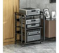 LEUBDIBR Rack audio in legno per supporto stereo e contenitore multimediale | Struttura legno-metallo, ripiani multilivello, ventilazione aperta, mobile a terra(Black-B,19.7x16.7x27.6in)